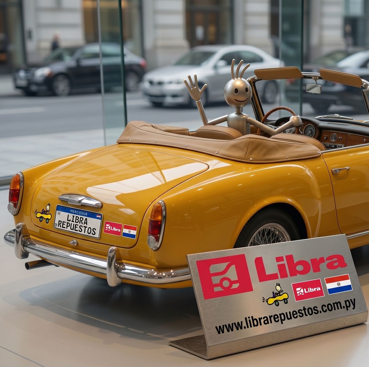 Auto con la chapa y el cartel de Libra Repuestos